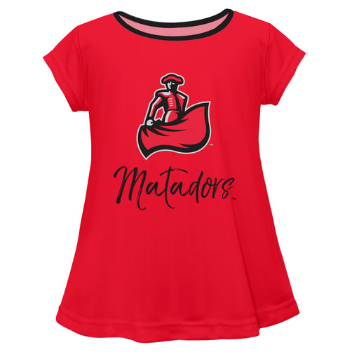 Cal State Univeristy Northridge Matadors CSUN Vive La Fete Girls Game Day Short Sleeve Red Top with School Logo and Name