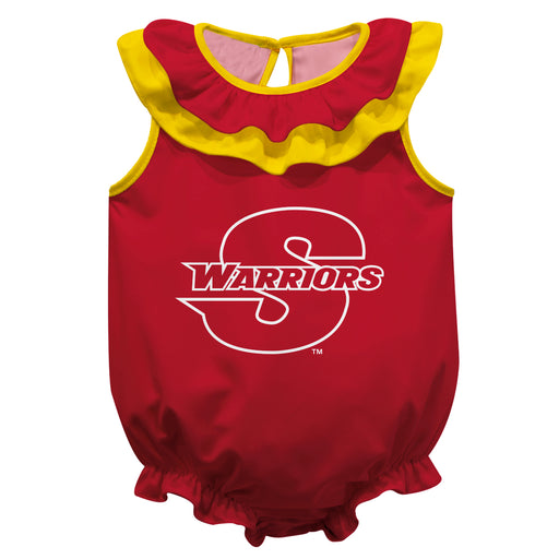 Cal State Stanislaus Warriors CSUSTAN Red Sleeveless Ruffle Onesie Logo Bodysuit by Vive La Fete