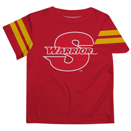 Cal State Stanislaus Warriors CSUSTAN Vive La Fete Boys Game Day Red Short Sleeve Tee with Stripes on Sleeves