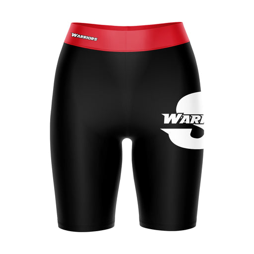 Cal State Stanislaus Warriors CSUSTAN Vive La Fete Logo on Thigh and Waistband Black and Red Women Bike Short 9 Inseam