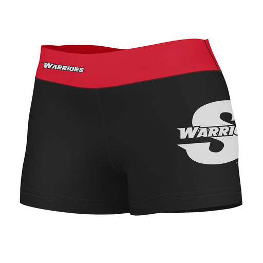 Cal State Stanislaus Warriors CSUSTAN Logo on Thigh & Waistband Black & Red Women Yoga Booty Workout Shorts 3.75 Inseam