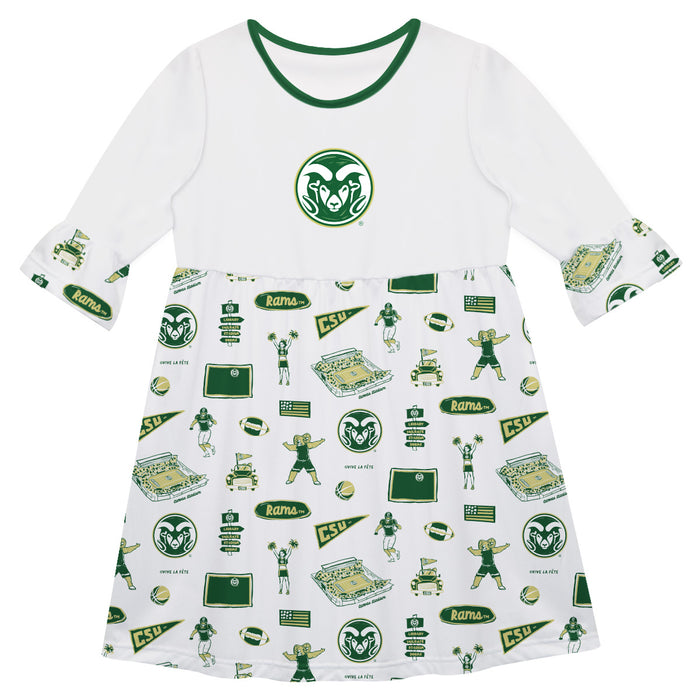 Colorado State Rams CSU 3/4 Sleeve Solid White Repeat Print Hand Sketched Vive La Fete Impressions Artwork on Skirt