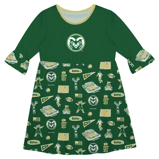 Colorado State Rams CSU 3/4 Sleeve Solid Green Repeat Print Hand Sketched Vive La Fete Impressions Artwork on Skirt