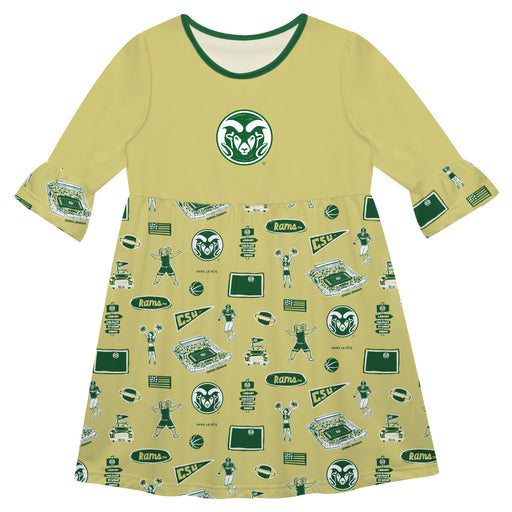 Colorado State Rams CSU 3/4Sleeve Solid Light Gold Repeat Print Hand Sketched Vive La Fete Impressions Artwork on Skirt