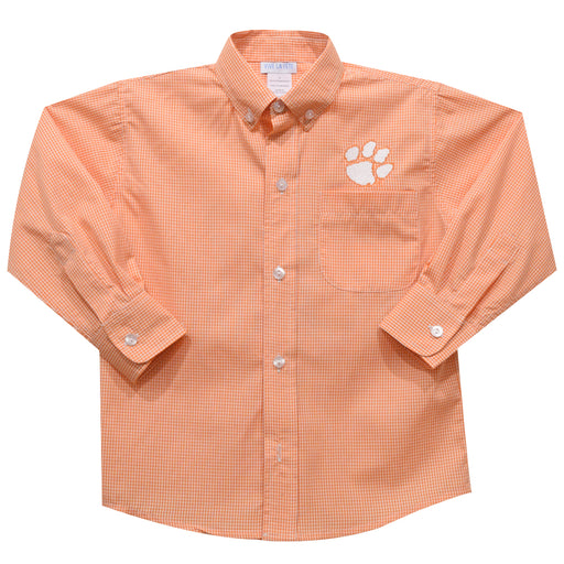 Clemson Embroidered Orange Gingham Long Sleeve Button Down Shirt - Vive La Fête - Online Apparel Store