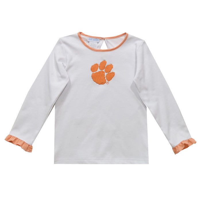 Clemson Embroidered White Knit Ruffle Girls Long Sleeve Tee - Vive La Fête - Online Apparel Store
