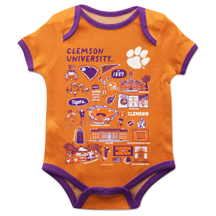 Clemson Tigers Hand Sketched Vive La Fete Impressions Artwork Infant Orange Short Sleeve Onesie Bodysuit
