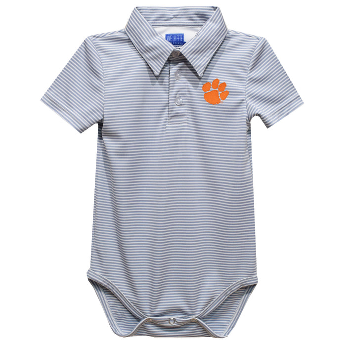 Clemson Tigers Embroidered Gray Stripe Knit Polo Onesie