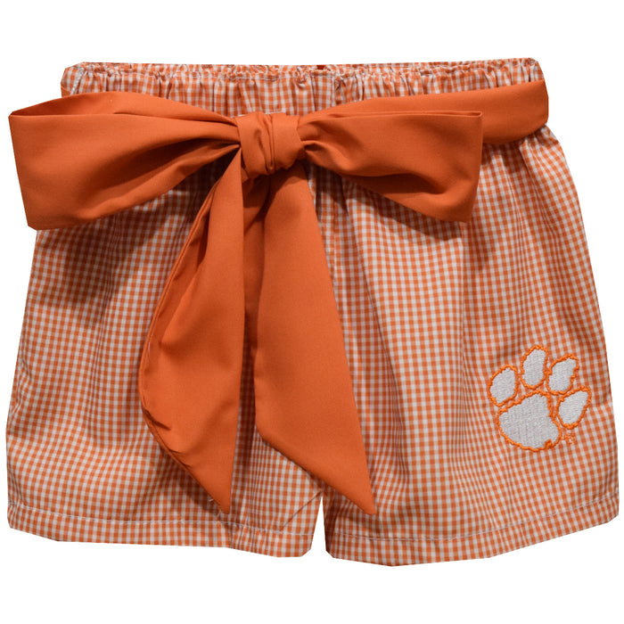 Clemson Tigers Embroidered Orange Gingham Girls Short with Sash
