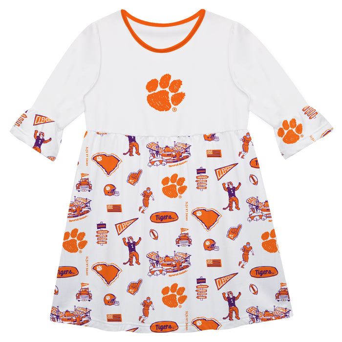 Clemson Tigers 3/4 Sleeve Solid White Repeat Print Hand Sketched Vive La Fete Impressions Artwork on Skirt