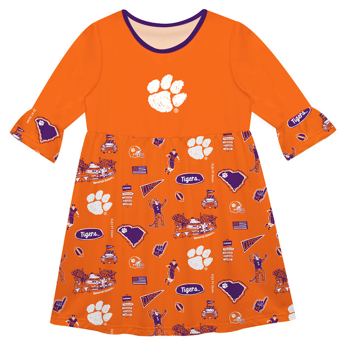 Clemson Tigers 3/4 Sleeve Solid Purple Repeat Print Hand Sketched Vive La Fete Impressions Artwork on Skirt