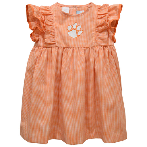 Clemson Tigers Embroidered Orange Gingham Girls Ruffle Dress