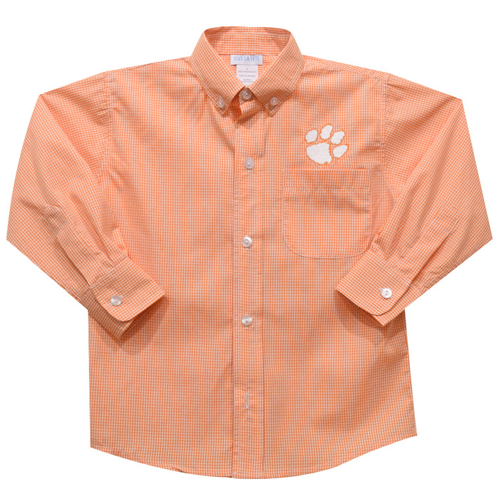 Clemson Tigers Embroidered Orange Gingham Long Sleeve Button Down Shirt