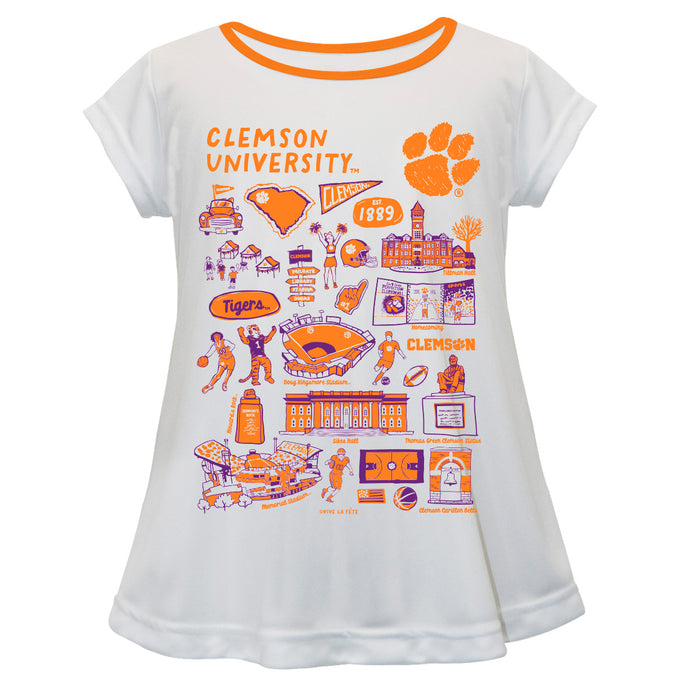 Clemson Tigers Hand Sketched Vive La Fete Impressions Artwork White Short Sleeve Top