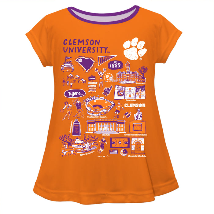 Clemson Tigers Hand Sketched Vive La Fete Impressions Artwork Orange Short Sleeve Top