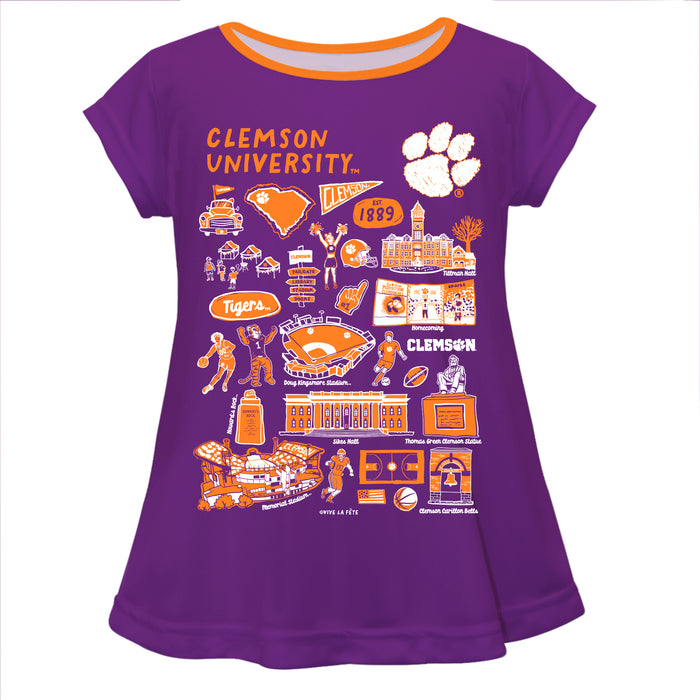 Clemson Tigers Hand Sketched Vive La Fete Impressions Artwork Purple Short Sleeve Top
