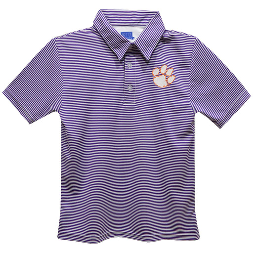Clemson Tigers Embroidered Purple Stripes Short Sleeve Polo Box Shirt