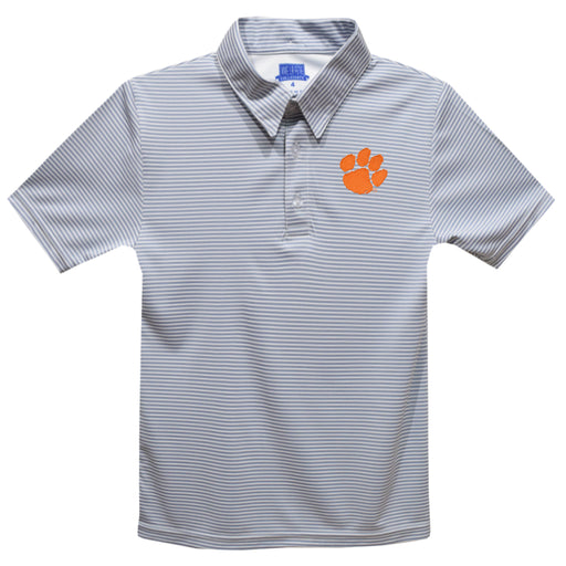 Clemson Tigers Embroidered Gray Stripes Short Sleeve Polo Box Shirt