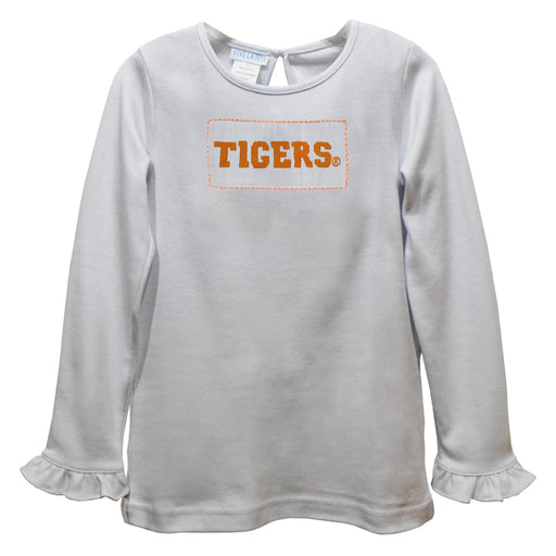 Clemson Tigers  Smocked White Knit Ruffle Long Sleeve Girls Tshirt