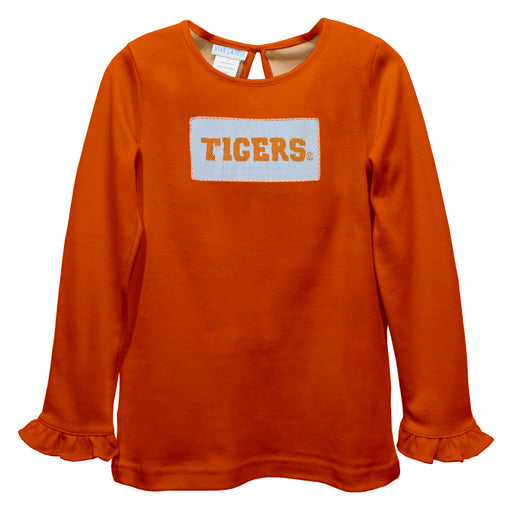 Clemson Tigers Smocked Orange  Knit Ruffle Long Sleeve Girls Tshirt
