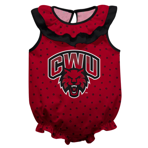 Central Washington Wildcats Swirls Red Sleeveless Ruffle Onesie Logo Bodysuit