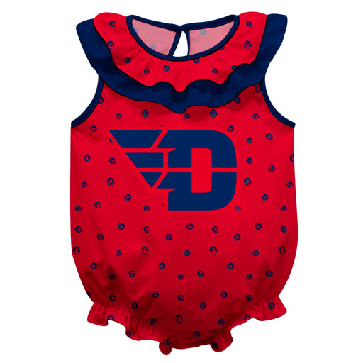 University of Dayton Flyers Swirls Red Sleeveless Ruffle Onesie Logo Bodysuit