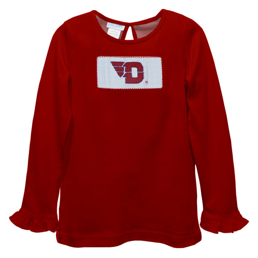 University of Dayton Flyers  Smocked Red  Knit Ruffle Long Sleeve Girls Tshirt