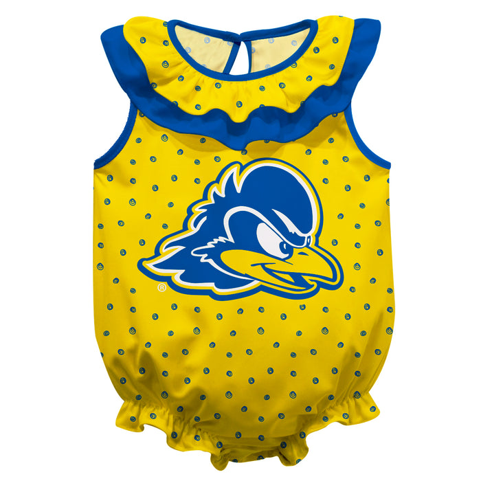 Delaware Blue Hens Swirls Gold Sleeveless Ruffle Onesie Logo Bodysuit