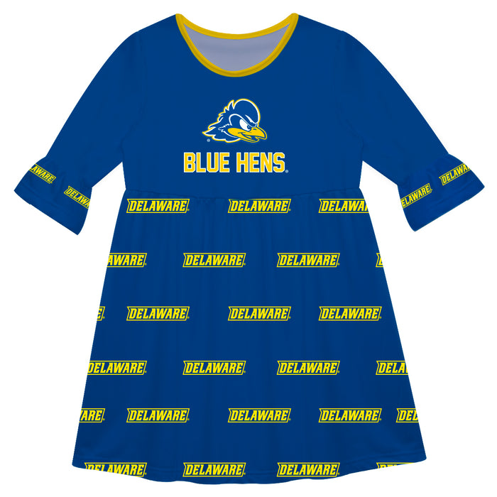 Delaware Blue Hens  Vive La Fete Girls Game Day 3/4 Sleeve Solid Blue All Over Logo on Skirt