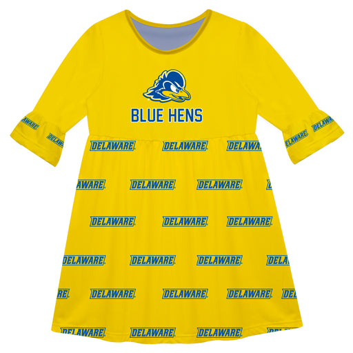 Delaware Blue Hens  Vive La Fete Girls Game Day 3/4 Sleeve Solid Yellow All Over Logo on Skirt