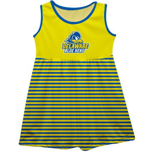 Delaware Blue Hens Vive La Fete Girls Game Day Sleeveless Tank Dress Solid Yellow Logo Stripes on Skirt