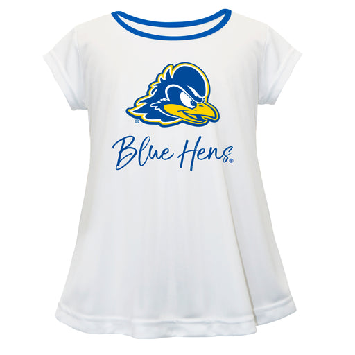 Delaware Blue Hens Vive La Fete Girls Game Day Short Sleeve White Top with School Logo and Name