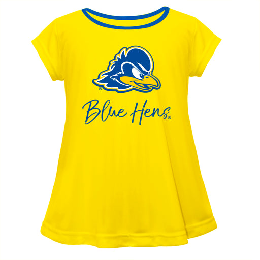 Delaware Blue Hens Vive La Fete Girls Game Day Short Sleeve Yellow Top with School Logo and Name