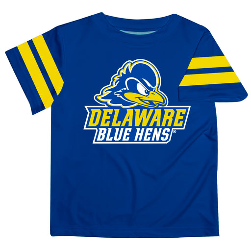 Delaware Blue Hens Vive La Fete Boys Game Day Blue Short Sleeve Tee with Stripes on Sleeves