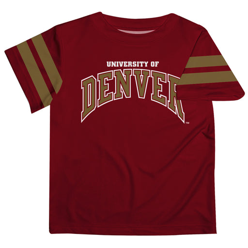 Denver Pioneers Vive La Fete Boys Game Day Maroon Short Sleeve Tee with Stripes on Sleeves - Vive La Fête - Online Apparel Store