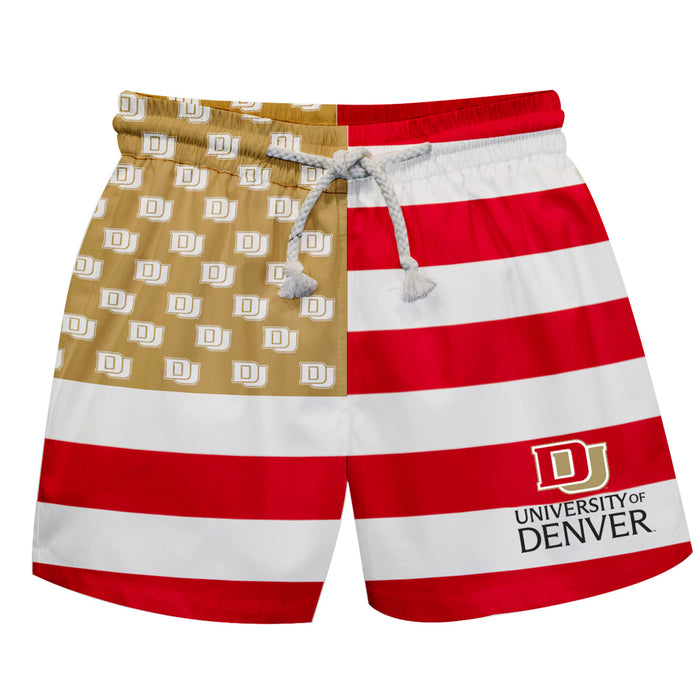 Denver Pioneers Vive La Fete Game Day Maroon White Gold Flag Swimtrunks V1