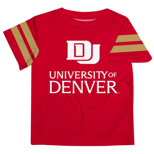 Denver Pioneers Vive La Fete Boys Game Day Maroon Short Sleeve Tee with Stripes on Sleeves