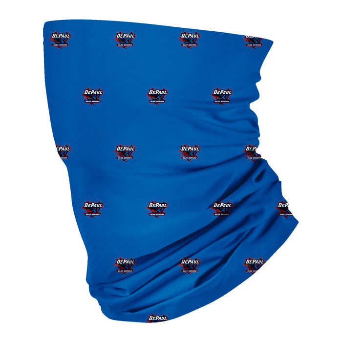 Depaul Blue Demons Vive La Fete All Over Logo Game Day  Collegiate Face Cover Soft 4-Way Stretch Two Ply Neck Gaiter - Vive La Fête - Online Apparel Store