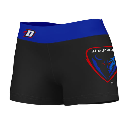 Depaul Blue Demons Vive La Fete Logo on Thigh & Waistband Black & Blue Women Yoga Booty Workout Shorts 3.75 Inseam"