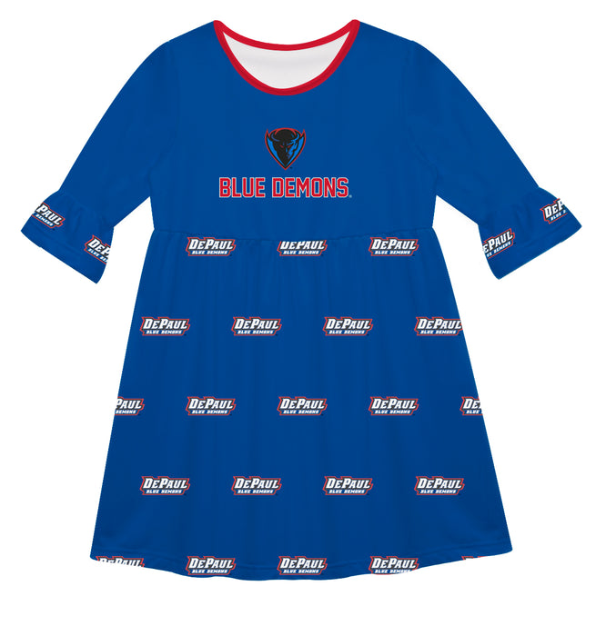 Depaul Blue Demons  Vive La Fete Girls Game Day 3/4 Sleeve Solid Blue All Over Logo on Skirt