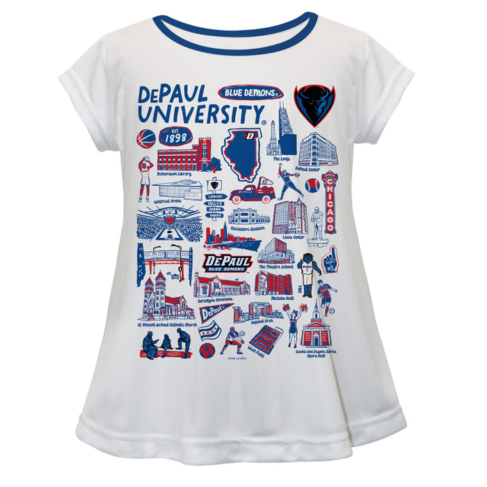 Depaul Blue Demons Hand Sketched Vive La Fete Impressions Artwork White Short Sleeve Top