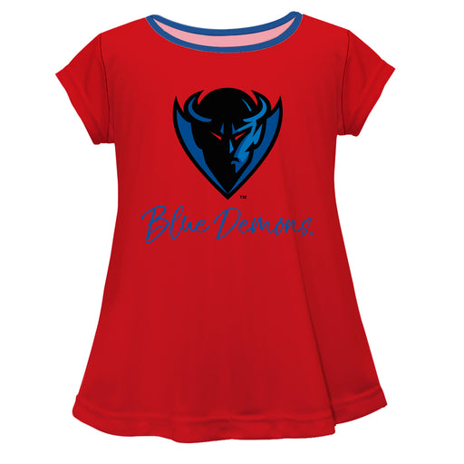 Depaul Blue Demons Vive La Fete Girls Game Day Short Sleeve Red Top with School Logo and Name