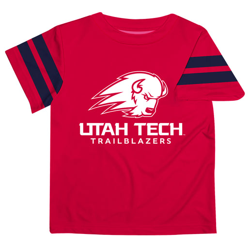 Utah Tech Trailblazers Vive La Fete Boys Game Day Red Short Sleeve Tee with Stripes on Sleeves