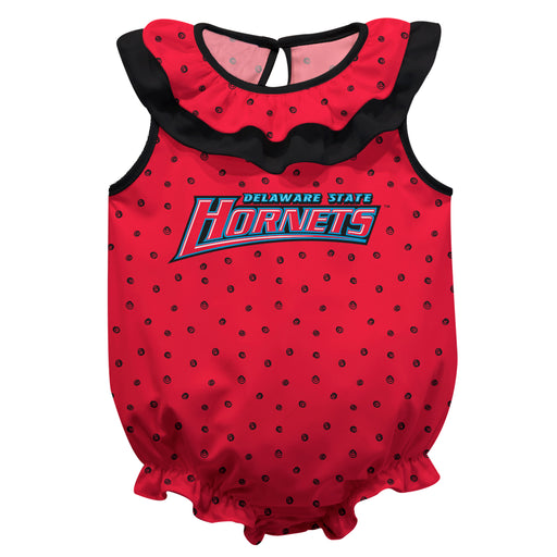 Delaware State Hornets Swirls Red Sleeveless Ruffle Onesie Logo Bodysuit