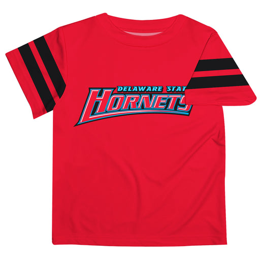 Delaware State Hornets Vive La Fete Boys Game Day Red Short Sleeve Tee with Stripes on Sleeves
