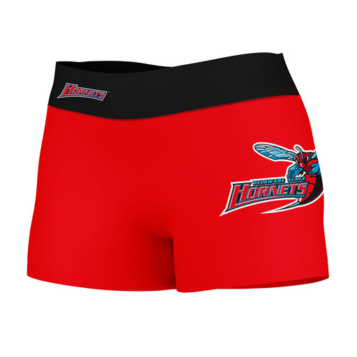 Delaware State Hornets Vive La Fete Logo on Thigh & Waistband Red Black Women Yoga Booty Workout Shorts 3.75 Inseam