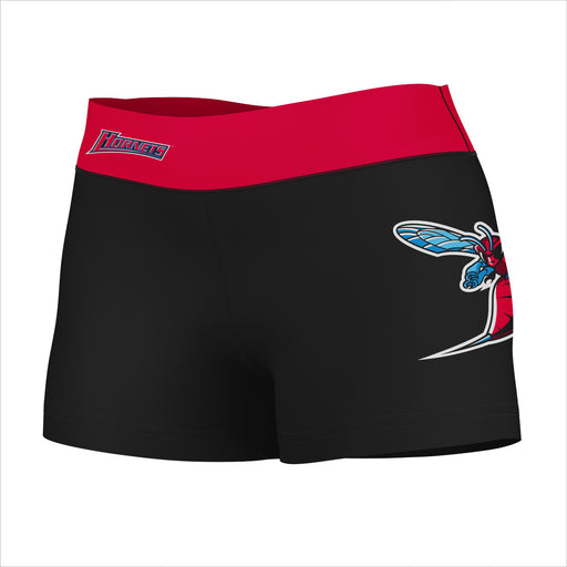 Delaware State Hornets Vive La Fete Logo on Thigh & Waistband Black & Red Women Yoga Booty Workout Shorts 3.75 Inseam