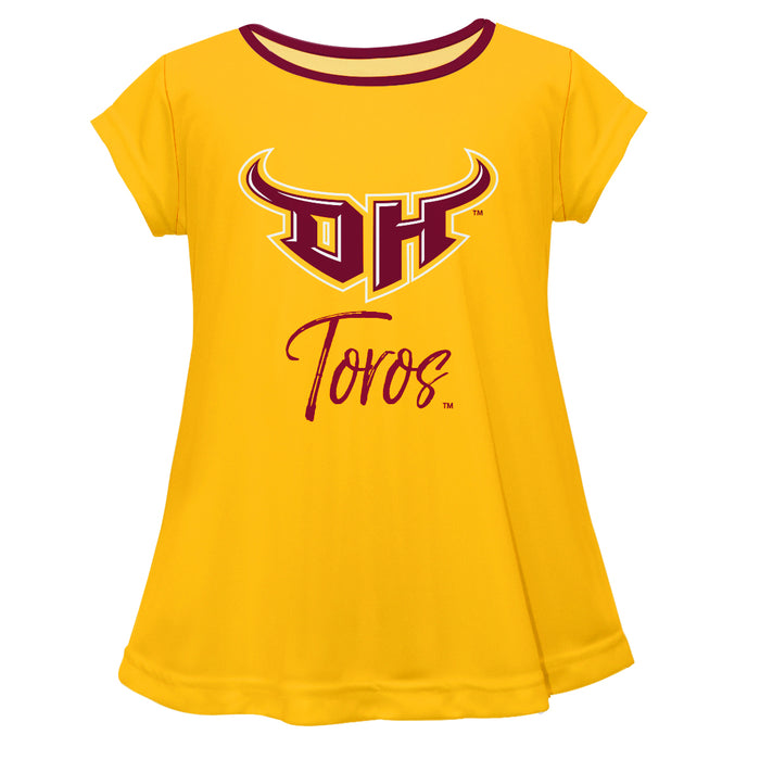Cal State Hills Toros Vive La Fete Girls Game Day Short Sleeve Gold Top with School Logo and Name