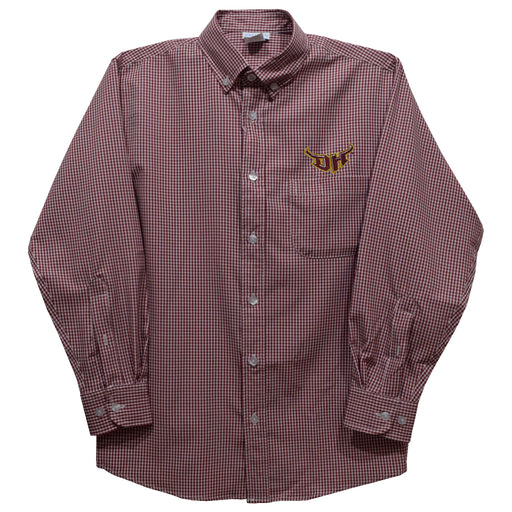 Cal State Dominguez Hills DH Toros CSUDH Embroidered Maroon Gingham Long Sleeve Button Down Shirt