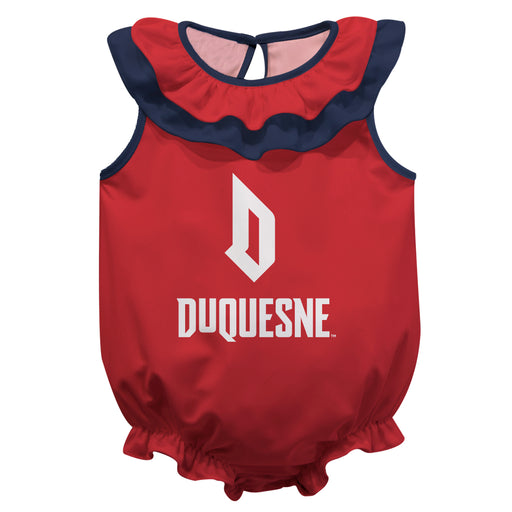 Duquesne Dukes Red Sleeveless Ruffle Onesie Logo Bodysuit by Vive La Fete